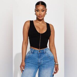 Fashion Nova Black Ribbed Hook-Front Crop Top